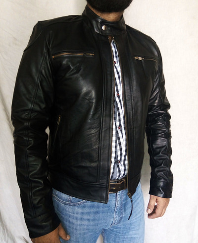 Men Slimfit Leather Jacket Zipper Chest Pocket, Men's Leather jacket