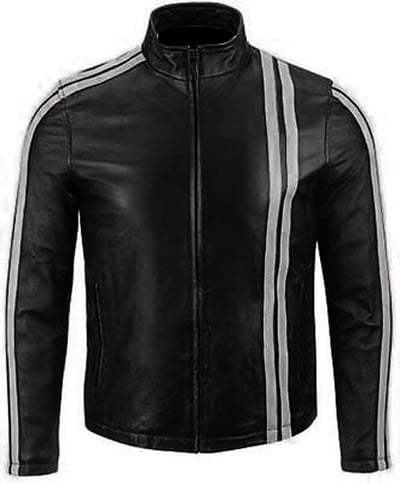 Men Black Biker Fashion Leather Jacket White Stripes