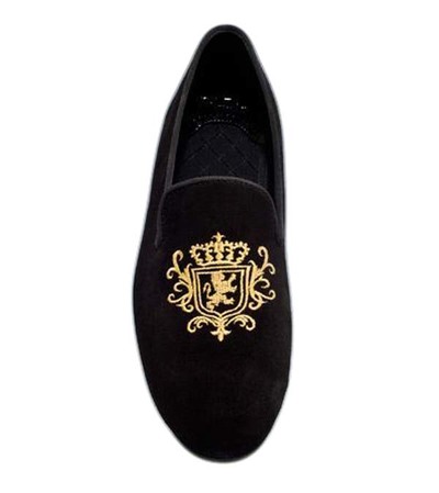 HAND MADE MEN LION EMBROIDERY BLACK HANDMADE VELVET LOAFERS SHOES