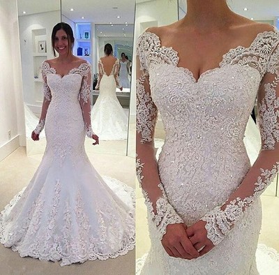 Mermaid Long Sleeves Lace Wedding Dress,Sexy Backless Bridal Dress
