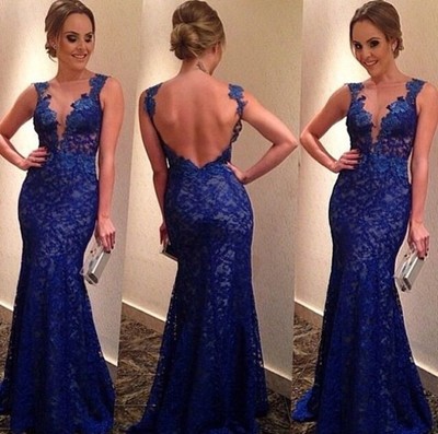 Royal Blue Mermaid Lace Prom Dress Evening Gown pst0589