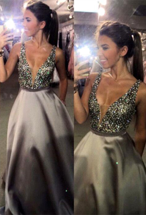 A-line prom dress,High waist prom dresses,Deep v-neck prom dress,Beading prom dresses,Charming prom dress,BD1607031