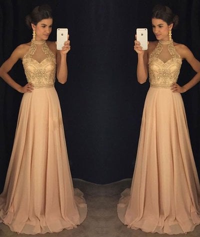 Champagne high neck chiffon beading long pom dress for grad,evening dress