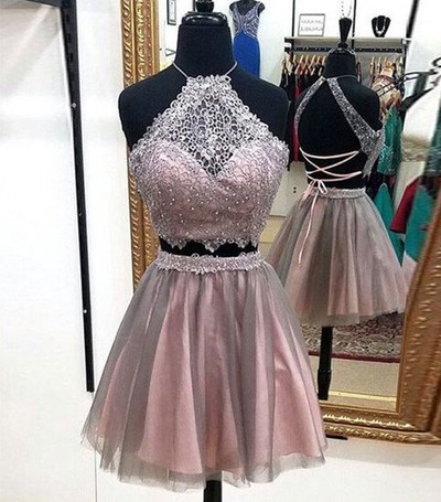 Cute A line 2 pieces lace short prom dresses for teens, evening dresses