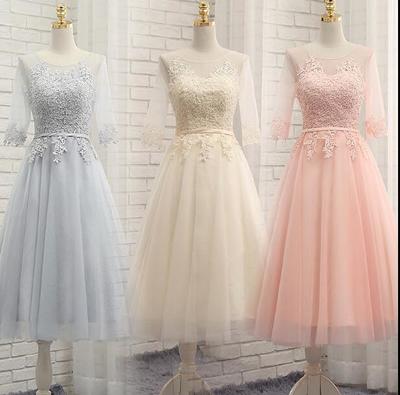 Cute Tea Length Tulle and Lace Applique Party Dresses, Short Sleeve Prom Dresses, Prom Dress 2017