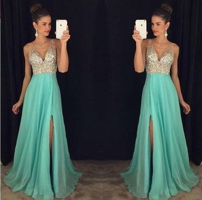 Sexy Beaded Prom Dress,Full Length V-back Prom Dress,Slit Beading Graduation Dress