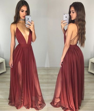 Sexy Burgundy Prom Dress,Full Length Open Back Prom Dress,Spaghetti Straps Burgundy Graduation Dress