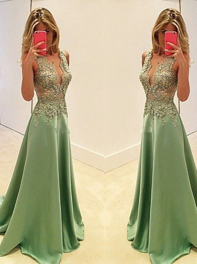 elegant prom dresses, A-line Straps Floor-length Satin Prom Dress Evening Dress MK069