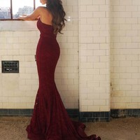 Mermaid Burgundy Prom Dress,Sexy Mermaid Lace Evening Dress,Sexy Burgundy Graduation Dress - Thumbnail 1