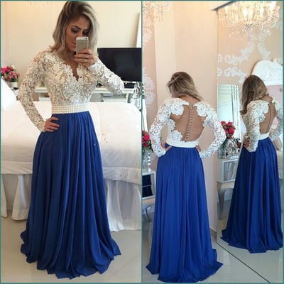 Navy blue and white lace long sleeve long pom dress , evening dress