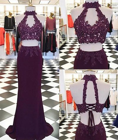 Burgundy two pieces lace long prom dress,Burgundy evening dress