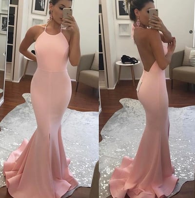 Unique pink satin backless prom dress,pink evening dress