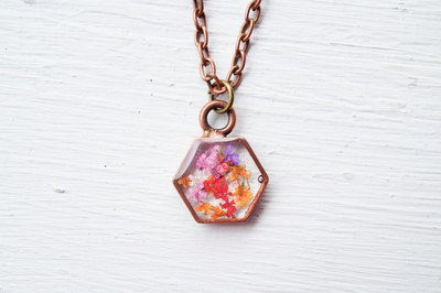 Real Pressed Flower and Resin Necklace in Pinks and Purples Mix
