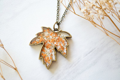 Real Pressed Flower and Resin Necklace Maple Leaf in Orange and White