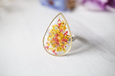 Real Pressed Flower and Resin Ring in Reds and Yellows Mix