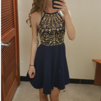 Cute dark blue rhinestones short prom dress,homecoming dresses - Thumbnail 1