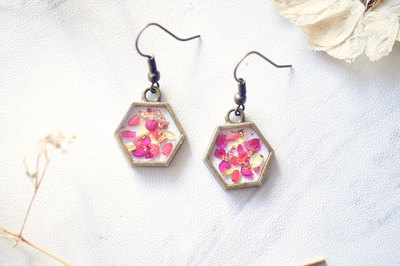 Real Pressed Flowers and Resin Earrings in Neon Pink Yellow and Copper Flakes