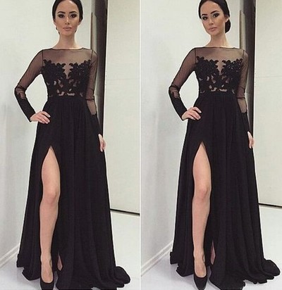 Black lace long sleeve long prom dress,black evening dresses