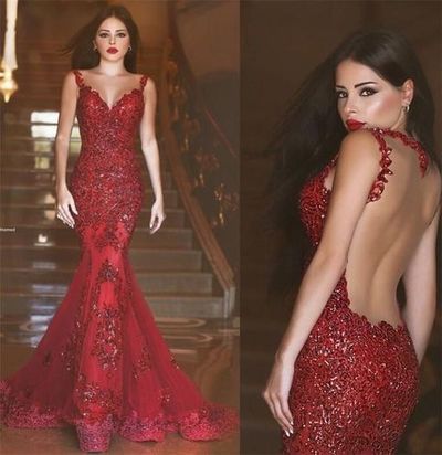 Red mermaid sequins lace long prom dress,red evening gown