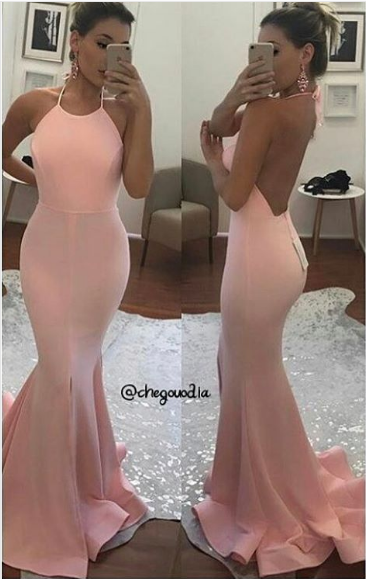Mermaid Open Back Prom Dress,Halter Neckline Sexy Mermaid Evening Dress