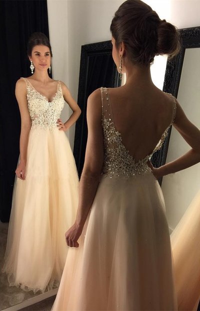 Beautiful champagne lace v neck long prom dress,champagne evening dress