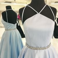 Open Back Ice Blue Prom Dress,Sexy Spaghetti Straps Backless Party Dress - Thumbnail 1