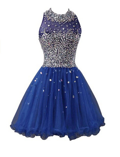 Royal Blue Homecoming Dress,Short Prom Dresses,Tulle Homecoming Gowns,Fitted Party Dress,Beading Prom Dresses