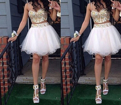 White Homecoming Dress,2 Piece Homecoming Dresses,Beading Homecoming Gowns,Short Prom Gown,Sweet 16 Dress - 121