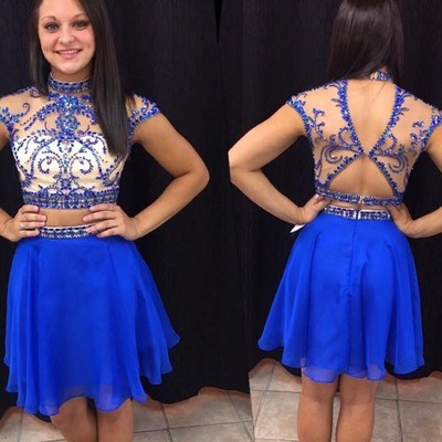 Royal Blue Homecoming Dress,Short Prom Dresses,Chiffon Homecoming Gowns,Fitted Party Dress,Silver Beading Prom Dresses,Sparkly Cocktail Dress - 126