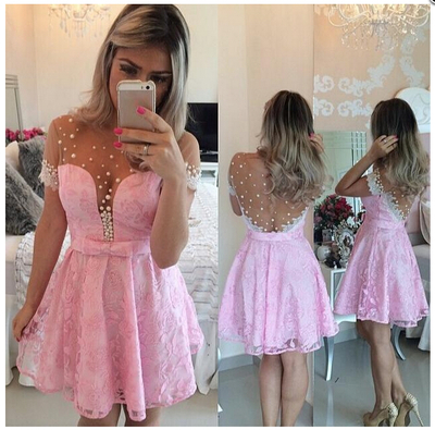 Pink Homecoming Dress,Lace Homecoming Dress,Cute Homecoming Dress,New Fashion Homecoming Dress,Short Prom Dress - 183