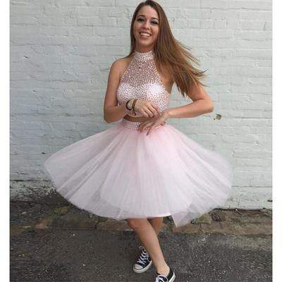 Pink Homecoming Dress,2 Piece Homecoming Dresses,Silver Beading Homecoming Gowns,Short Prom Gown,Blush Pink Sweet 16 Dress,Homecoming Dress - 109