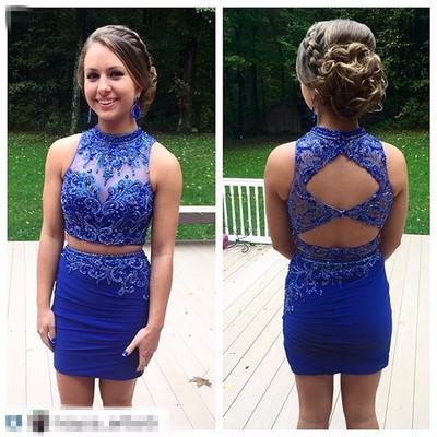 Royal Blue Homecoming Dress,2 Piece Homecoming Dresses,Beading Homecoming Gowns,Short Prom Gown,Sweet 16 Dress - 108