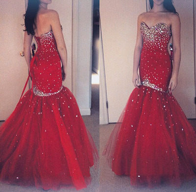 Red Mermaid Beading Custom Made Charming Prom Dress,Lace-up Formal Dresses,Long Evening Dresses On Sale,T56 - 349