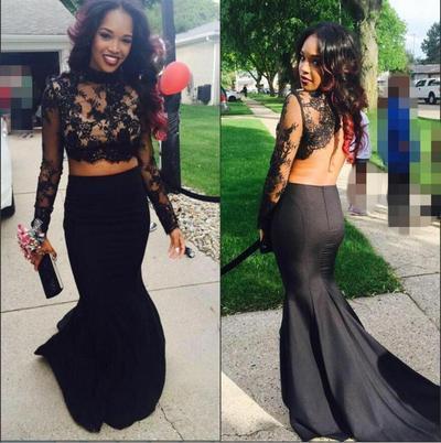 Two Pieces Black Prom Dresses,Long Evening Dresses,Backless Prom Dresses On Sale, T98 - 382