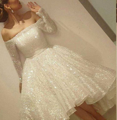 Noble Sparkle White Sequined Lace Prom Dress,Sexy Off The Shoulder Long Sleeves Party Dress,L86 - 219