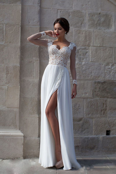 Elegant Long Sleeves Appliques Top White Long Prom Dress/Evening Dress - 320