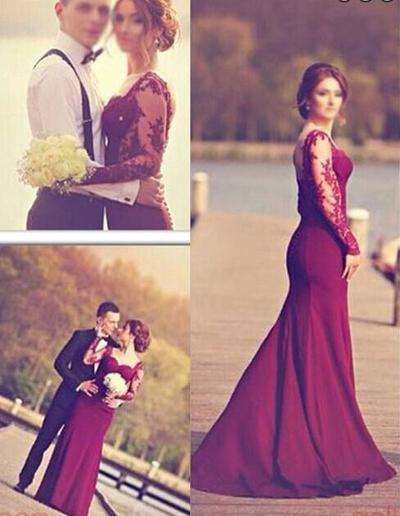 Elegant Long Sleeves Appliques Top Court Train Long Prom Burgundy - 323