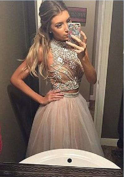 Sexy Luxury Bling Sparkle Two Pieces Prom Dress Light Pink Beaded Open Back Long 2 Piece Prom Dresses