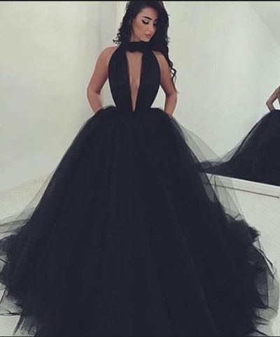 Sexy Prom Dress A-line Black Deep V-neck Evening Dress Tulle Long Prom Dresses Evening Gown