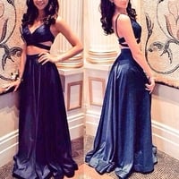 Navy blue 2 pieces long prom dress,formal dresses - Thumbnail 1