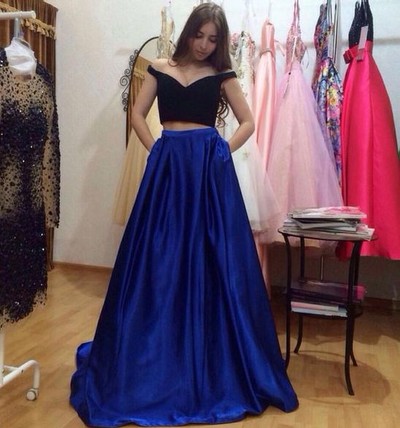 Black and blue 2 pieces long prom dress,formal dresses