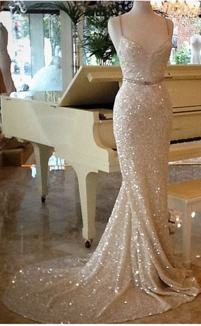 Luxury Bling Sparkle Prom Dress Evening Dress White Mermaid Spaghetti Straps Sequins Lace Long Prom Dresses Evening Gown
