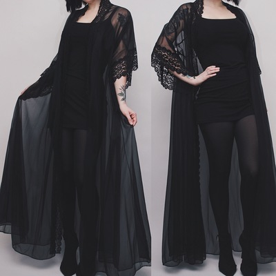 CLAIMED @aphonia - Vintage 1965 Sheer Black Bell Sleeve Dressing Gown with Full Lace Trim