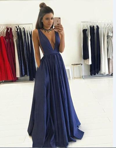 Sexy Prom Dress Evening Dress A-line Dark Navy Deep V-neck Backless Chiffon Long Prom Dresses Evening Dresses