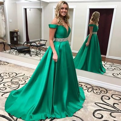 Elegant Evening Dress Prom Dress A-line Green Off the Shoulder Beaded Sash Satin Long Prom Dresses Evening Dresses