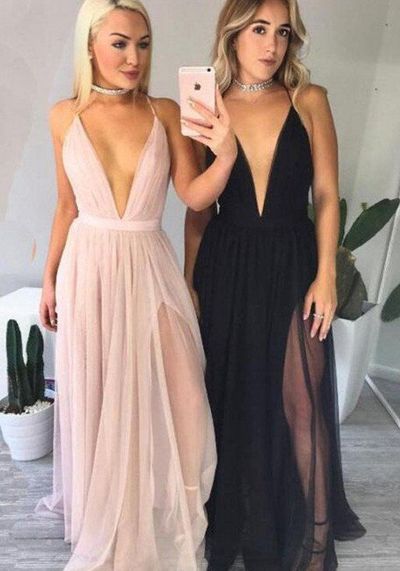 Sexy Prom Dress Evening Dress A-line Light Pink/Black Deep V-neck Long Evening Dresses Prom Dresses
