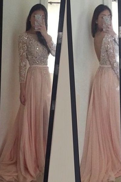 Elegant Prom Dress Evening Dress Pink Appliques Open Back Appliques Chiffon Long Prom Dresses Evening Dresses