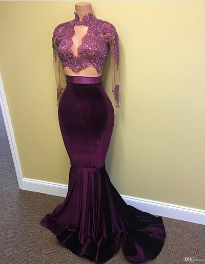 Mermaid 2 pieces lace long sleeve prom dress,formal dresses