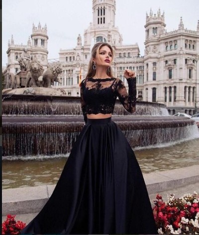 Sexy Two Pieces Prom Dress A-line Black Lace Top Long 2 Piece Prom Dresses Party Dress