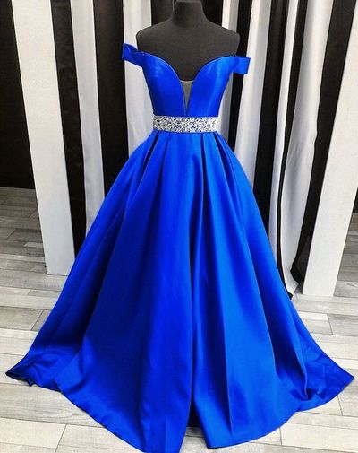 Elegant Prom Dress A-line Royal Blue Off the Shoulder Beaded Sash Long Evening Dress Prom Dress Party Dress